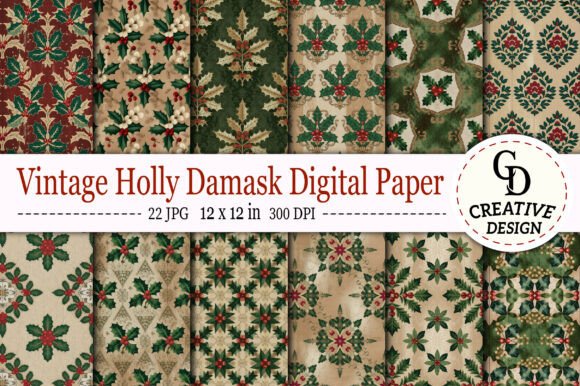 Download Vintage Holly Damask Digital Paper - Holly Collection