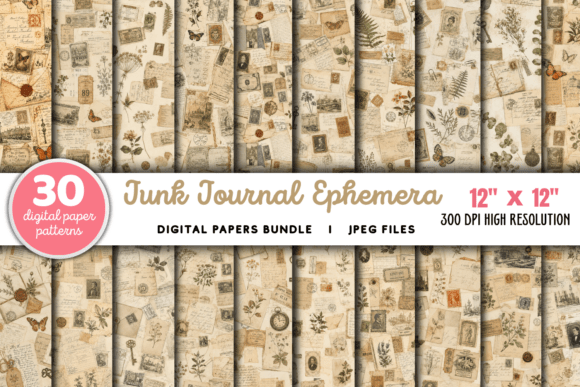Download Junk Journal Ephemera Kit Pattern Bundle - Ephemera Collection