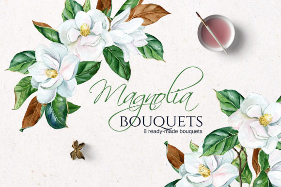Download White Watercolor Magnolia Bouquets - White watercolor Collection