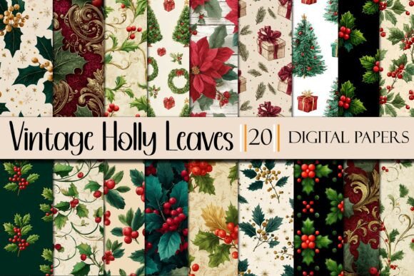 Download Vintage Holly Leaves Digital Paper - Holly Collection