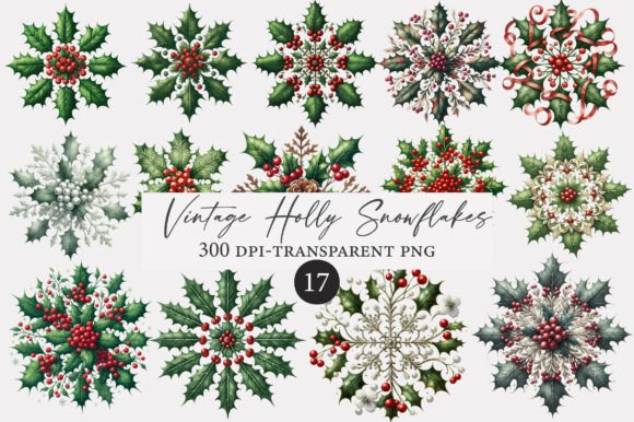 Download Vintage Holly Snowflakes Clipart - Holly Collection